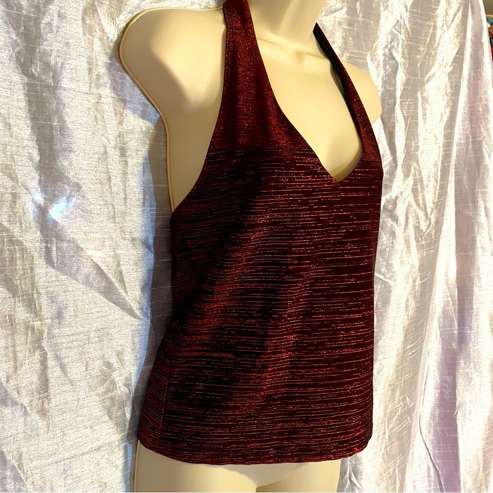 Red metallic halter top Y2K SZ L, Mandee’s purchase, made in USA, lined at bust